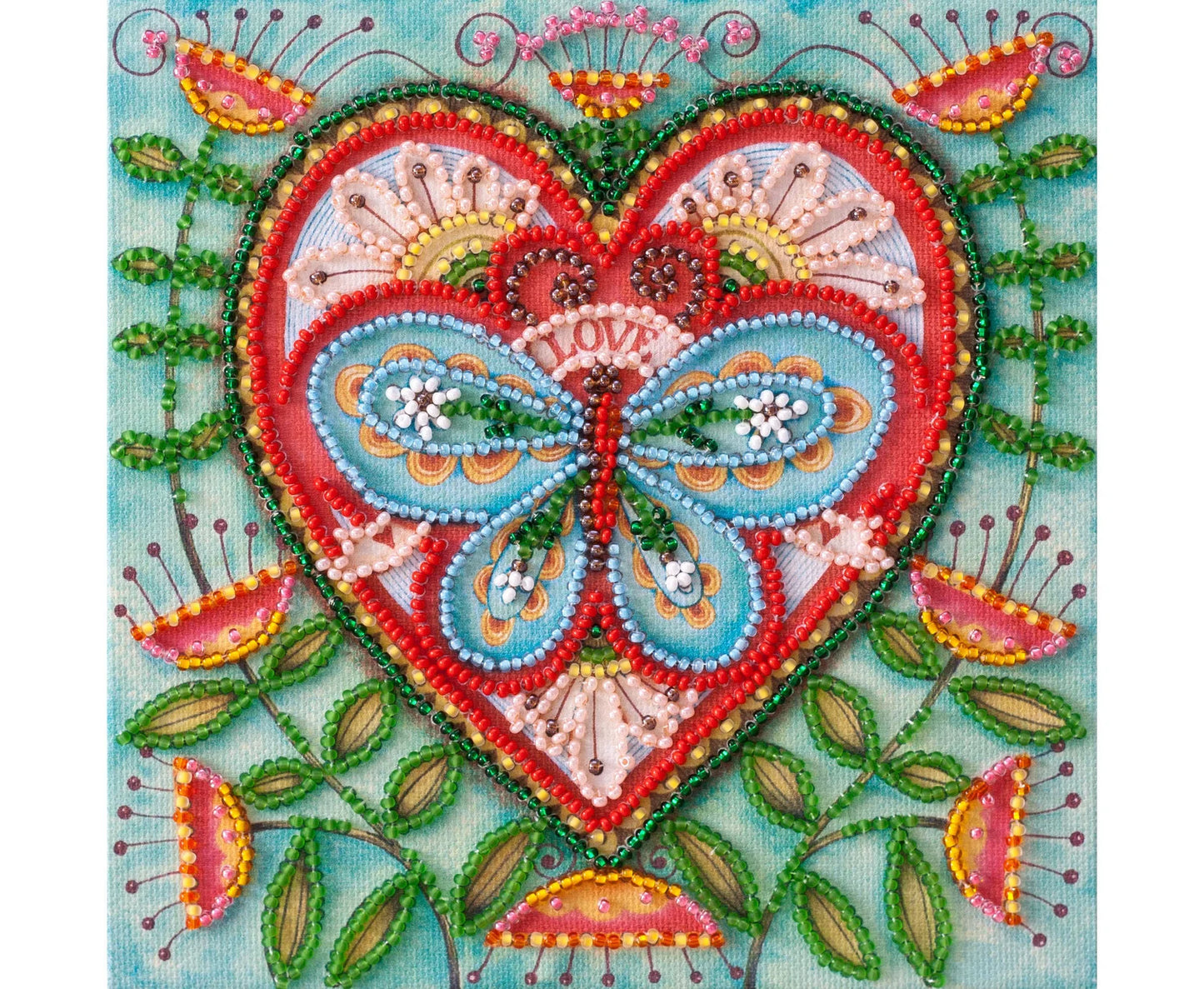 Decorative heart with butterfly design surrounded by floral elements on a light blue background