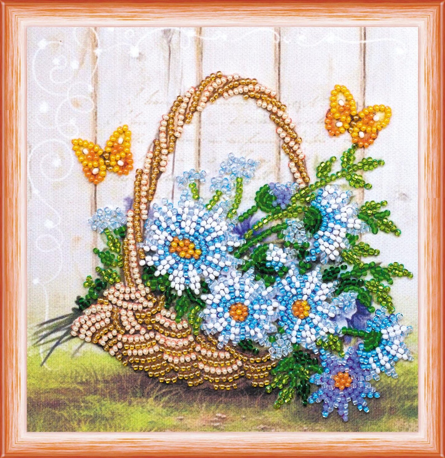 Decorative beaded artwork of a basket with flowers and butterflies on a textured background