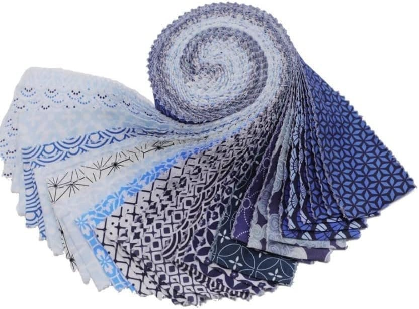 Collection of patterned fabric swatches in various shades of blue and gray.