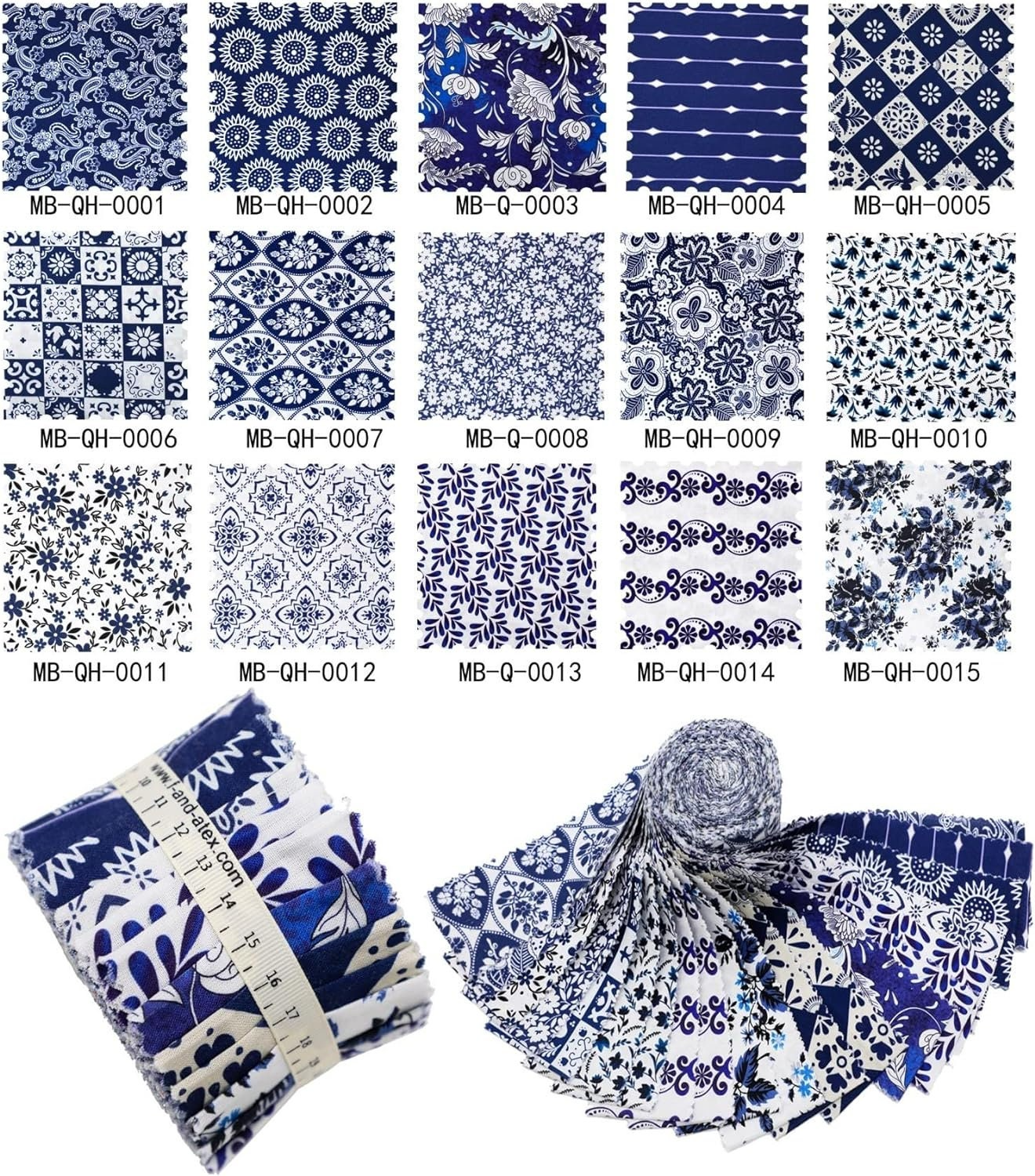 Collection of blue and white patterned fabric swatches and samples.