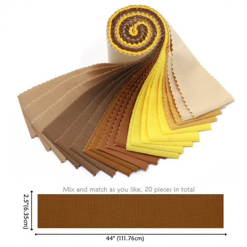 Collection of fabric swatches in brown, yellow, and beige on a white background