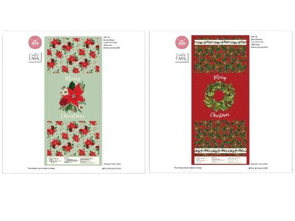 Two Christmas-themed fabric swatches with poinsettia and wreath designs on a white background.
