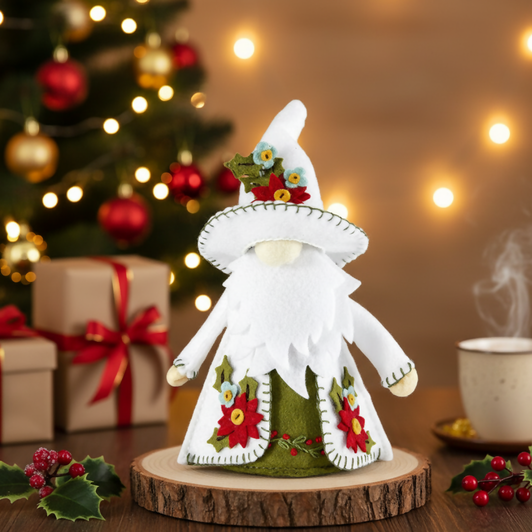 Decorative Christmas gnome figurine with a festive background featuring a tree and presents.