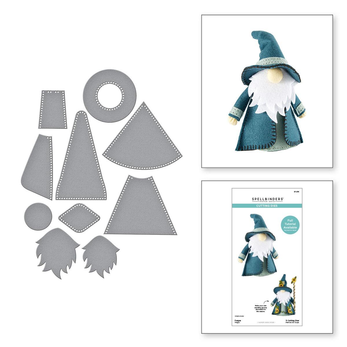 Set of die-cut shapes and a paper cutout of a gnome with a cutting pad on a white background.