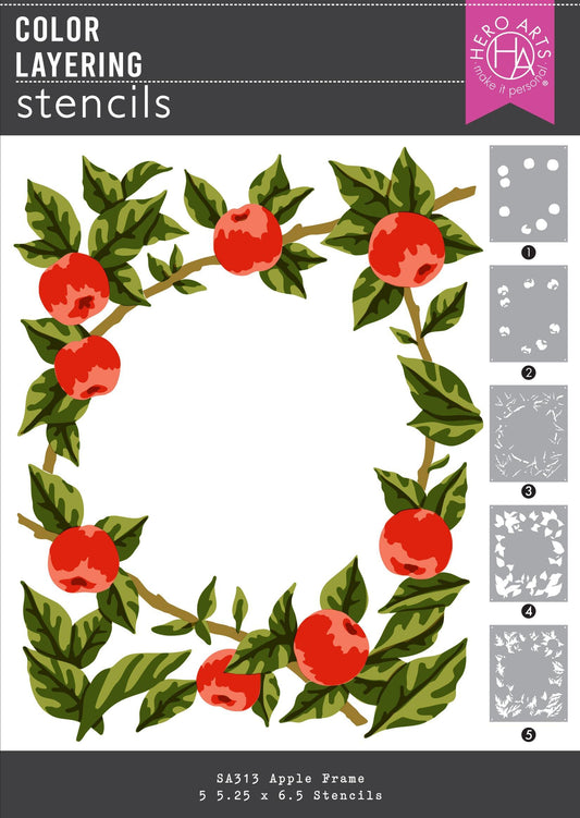 Apple frame stencil with color layering guide on a white background