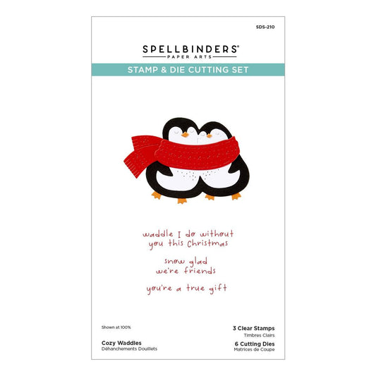 Spellbinders Stamp & Die Cutting Set packaging with penguin design and text on a white background