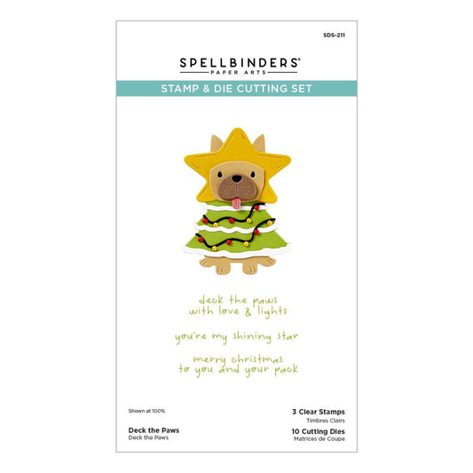 Spellbinders Stamp & Die Cutting Set packaging with a dog-themed Christmas tree design on a white background.