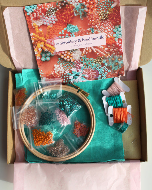 Embroidery and bead bundle kit with materials and tools in a box