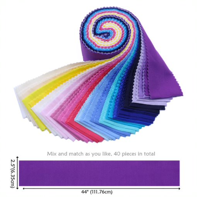 Set of colorful fabric swatches arranged in a spiral pattern on a white background.