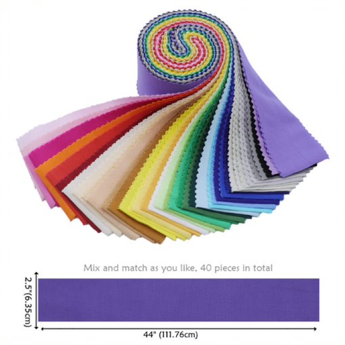 Set of colorful fabric swatches arranged in a spiral on a white background.