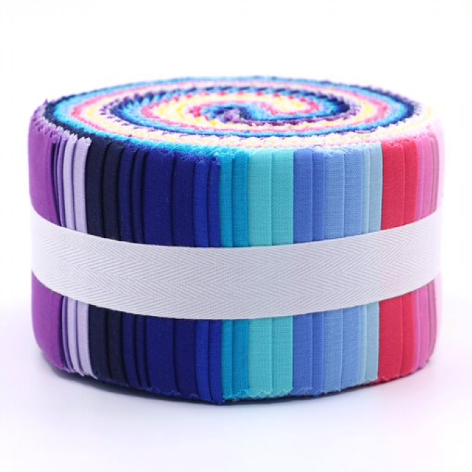 Roll of colorful fabric strips with a white band on a white background