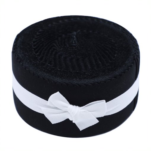 Black knitted hat with a white ribbon on a white background