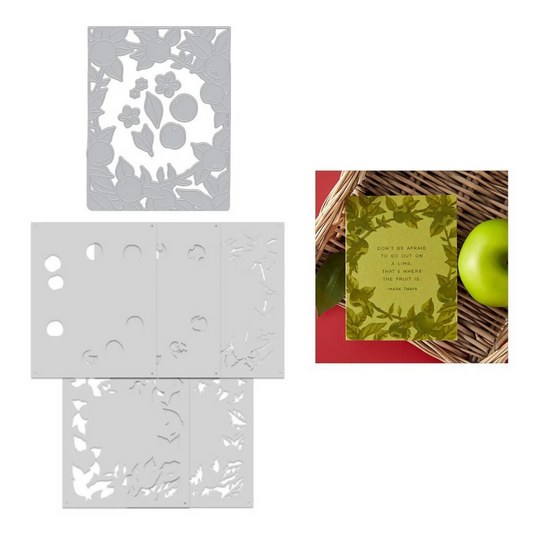 Set of decorative stencils with floral patterns and a card with text and leaves.