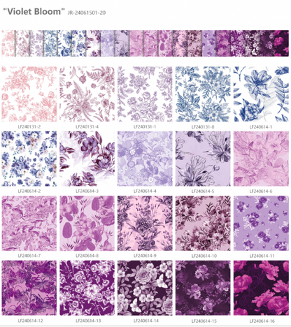 Collection of 'Violet Bloom' fabric swatches in various shades of purple and pink.