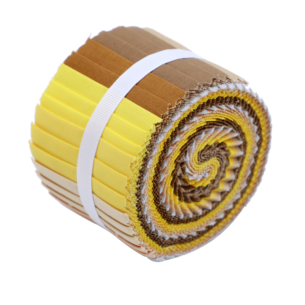 Rolled-up fabric with yellow, brown, and beige colors on a white background