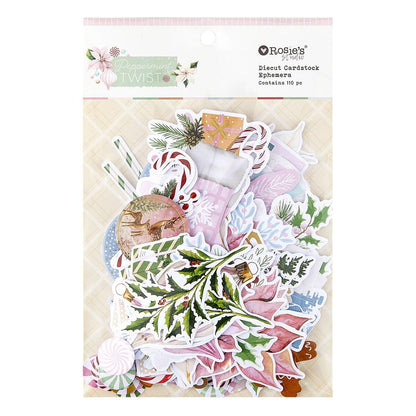 Packaging of Rosie's Studio Diecut Cardstock Ephemera with decorative stickers on a beige background.