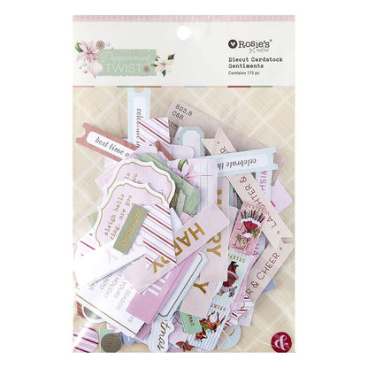 Packaging of Rosie's Studio Diecut Cardstock Sentiments with various decorative cards and tags.
