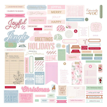 Collection of festive Christmas-themed stickers with various designs and text.