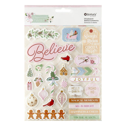 The Rosie's Studio Peppermint Twist Chipboard Stickers set.