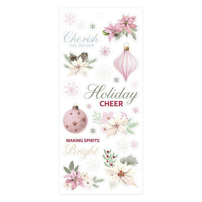 Packaging for holiday-themed products with floral and decorative elements on a white background.