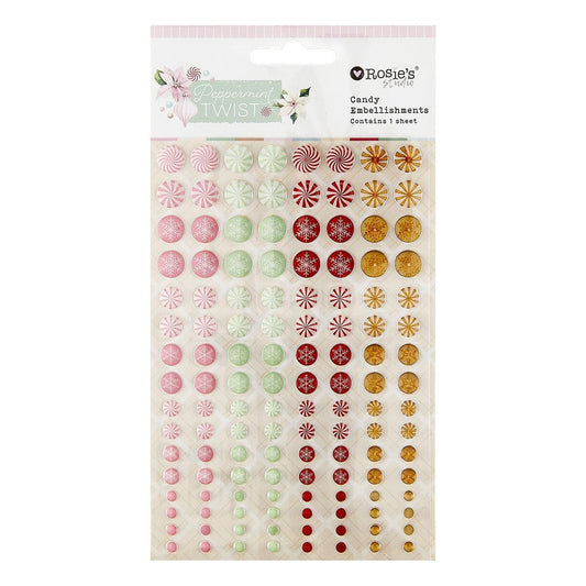 Sheet of decorative candy embellishments with 'Rosies' branding on a white background