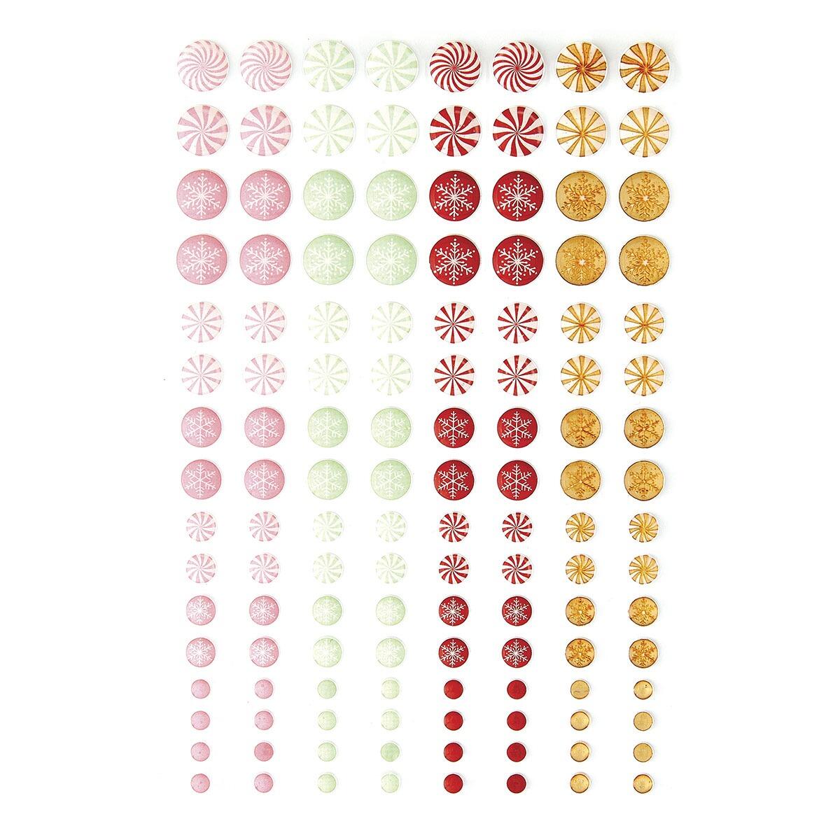Collection of colorful round stickers arranged in a grid on a white background