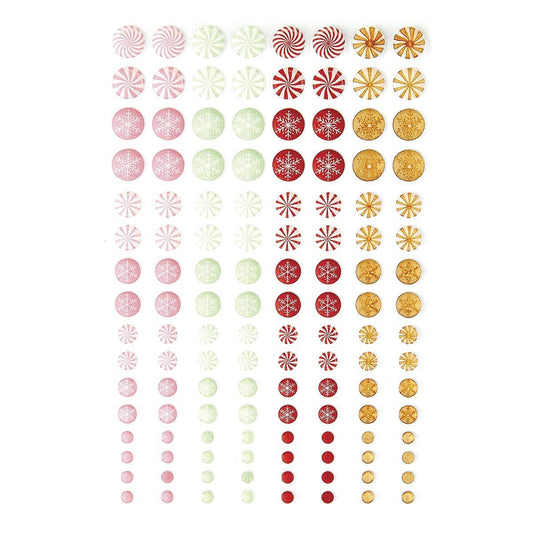 Collection of colorful round stickers arranged in a grid on a white background