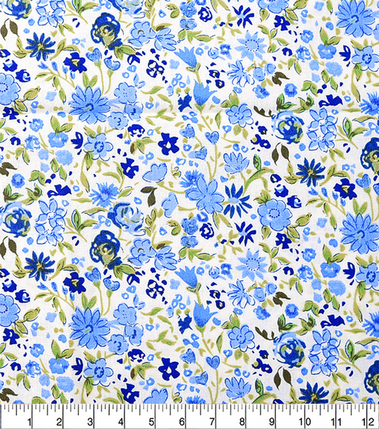 Floral pattern with blue flowers on a white background