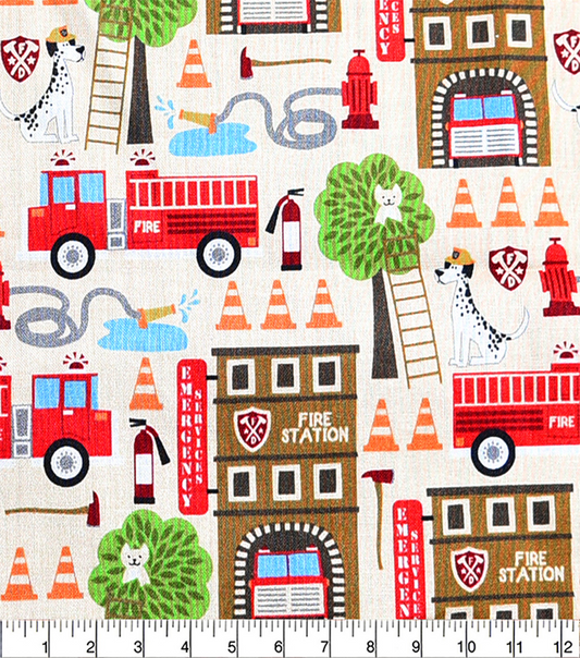 Fire station-themed fabric with fire trucks, fire hydrants, and emergency vehicles on a white background.