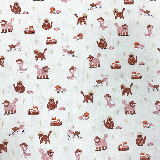 Pattern of cartoon animals in cowboy hats on a white background