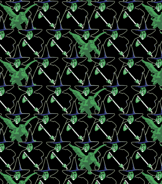 Pattern of green witches with brooms on a black background