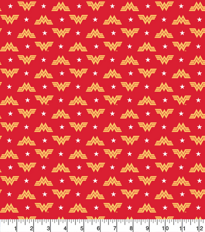 Red fabric with yellow Wonder Woman logo pattern