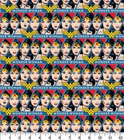 Pattern of Wonder Woman's face and logo on a red background with a ruler at the bottom.