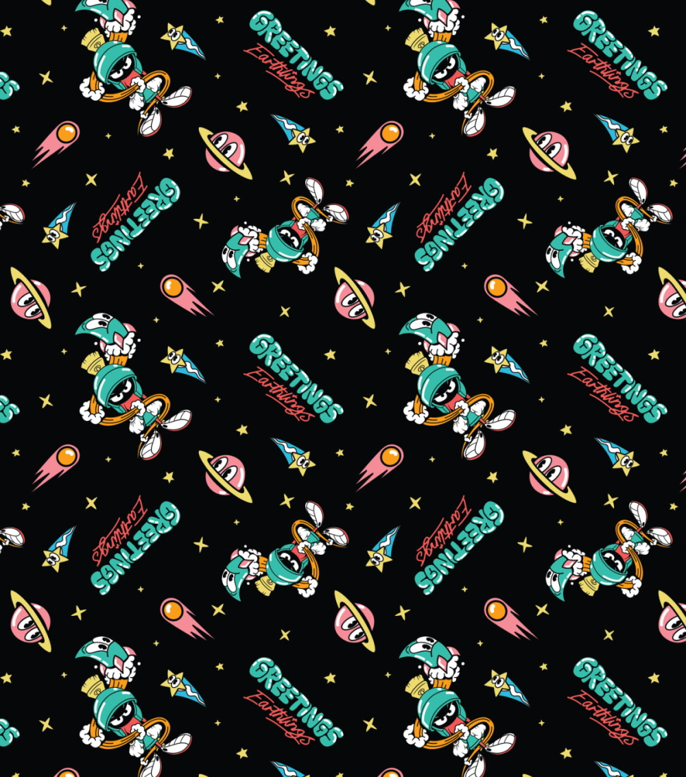 Pattern of cartoon characters with 'Greetings' text on a black background