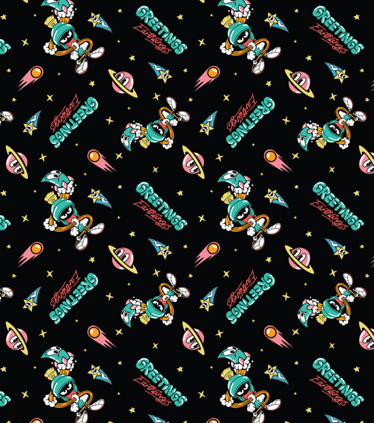 Pattern of cartoon characters with 'Greetings' text on a black background