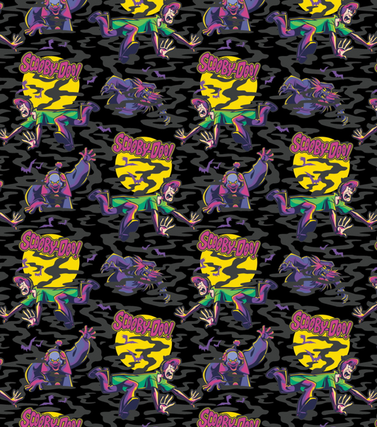 Pattern of cartoon characters with 'Scary Day!' text on a black background