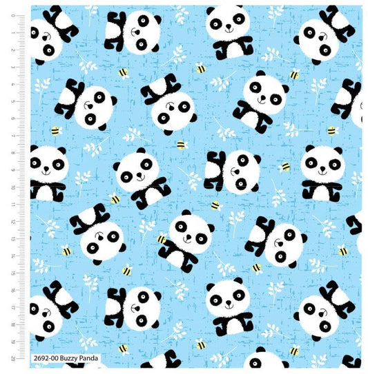 Pattern of cartoon pandas on a blue background with a ruler for scale.