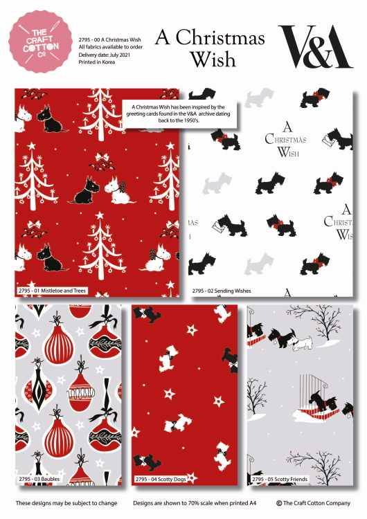 Collection of Christmas-themed fabric patterns with dogs and trees, inspired by the V&A Museum.