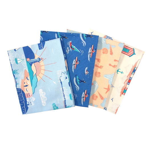 Set of four colorful fabric swatches with beach-themed designs on a white background