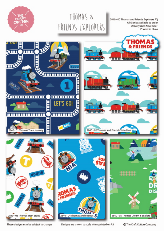 Collection of Thomas & Friends-themed fabric designs with trains and characters.