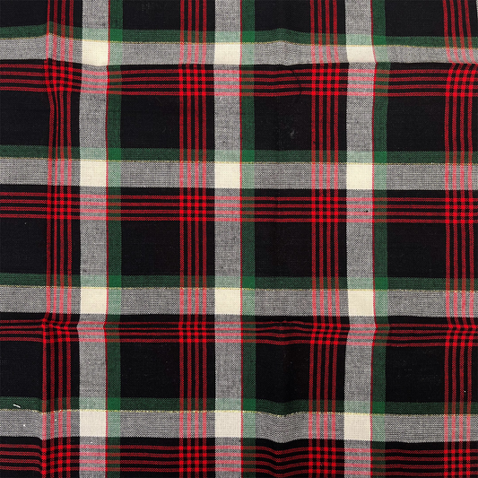 Plaid fabric with black, red, green, and white pattern
