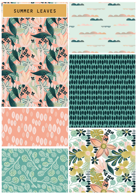 Collection of summer-themed patterned designs including leaves and floral elements.