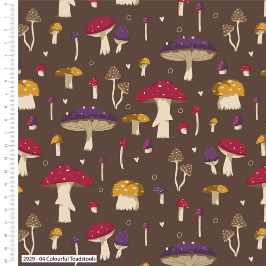 Pattern of colorful mushrooms on a brown background with a ruler for scale.