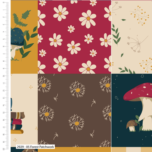 Patchwork fabric design with floral, mushroom, and leaf patterns on a ruler background.