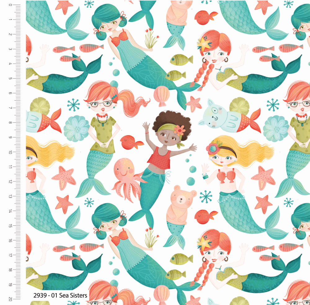 Pattern of mermaids and sea creatures on a white background with a ruler on the side.