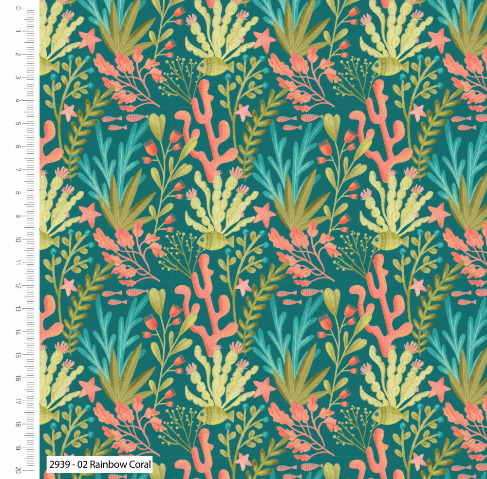 Pattern of coral and sea grass on a teal background with a ruler on the side.