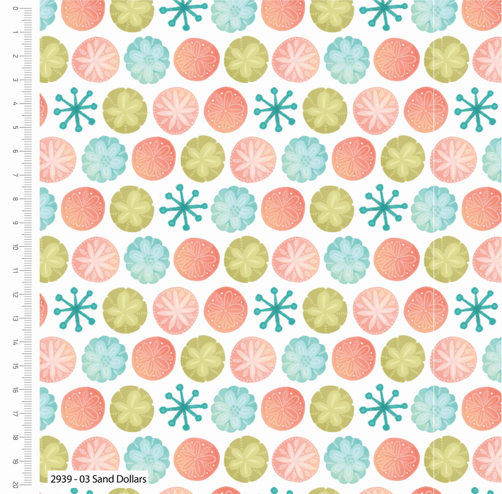 Pattern of sand dollars and snowflakes on a white background with a ruler on the side.