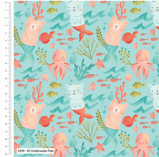 Patterned fabric with mermaid-themed design featuring bears, cats, octopuses, and fish on a blue background.