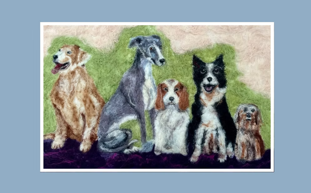 Painting of five dogs on a textured surface with a blue border