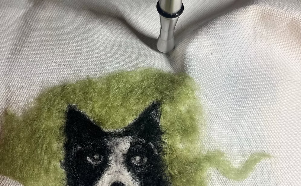Felted wool art of a dog's face with green fur on a textured surface
